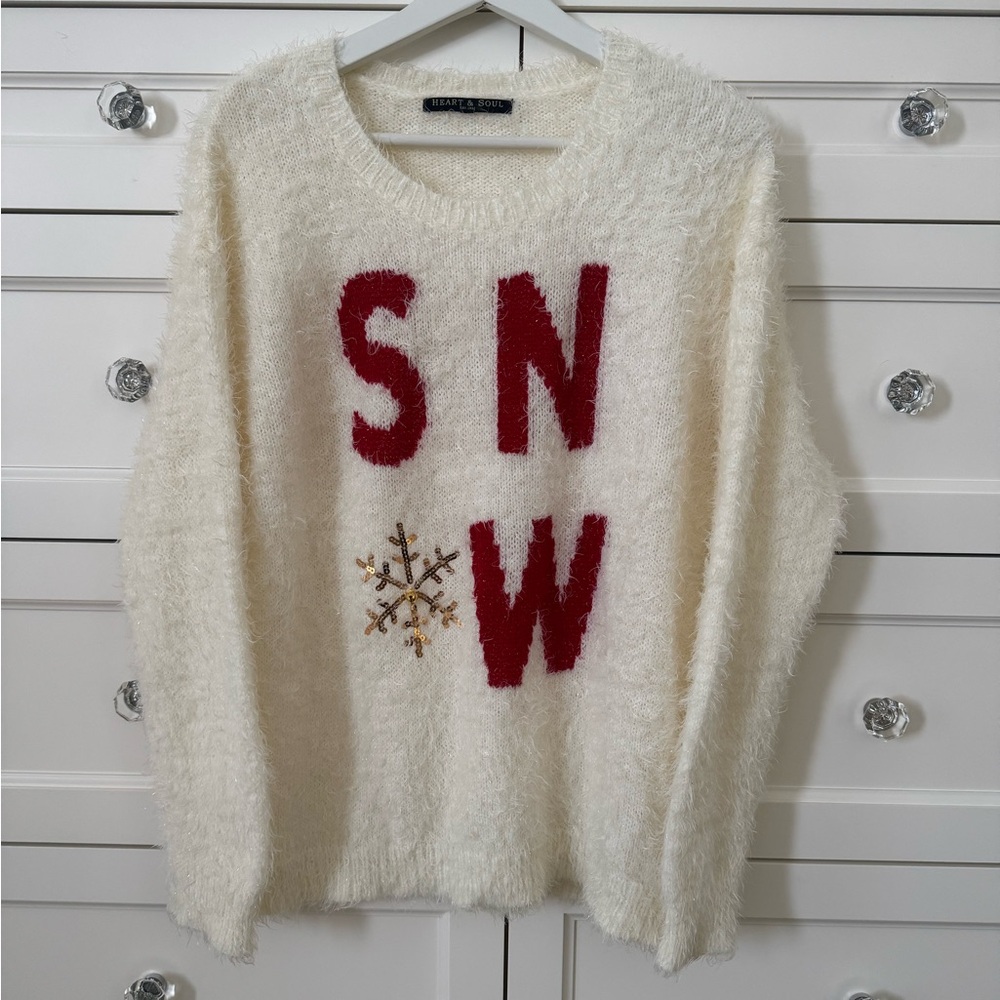 HEART & SOUL CREAM FUZZY SWEATER WITH FUN SNOW LETTERS & GOLD SNOWFLAKE, SIZE 12